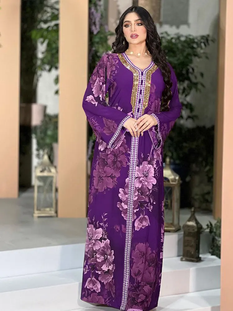 Imagem -03 - Floral Impresso Abaya Vestido Longo Feminino Diamantes Árabe Festa Muçulmano Solto Robe Golfo Saudita Jalabiya Marroquino Kaftan Maroon