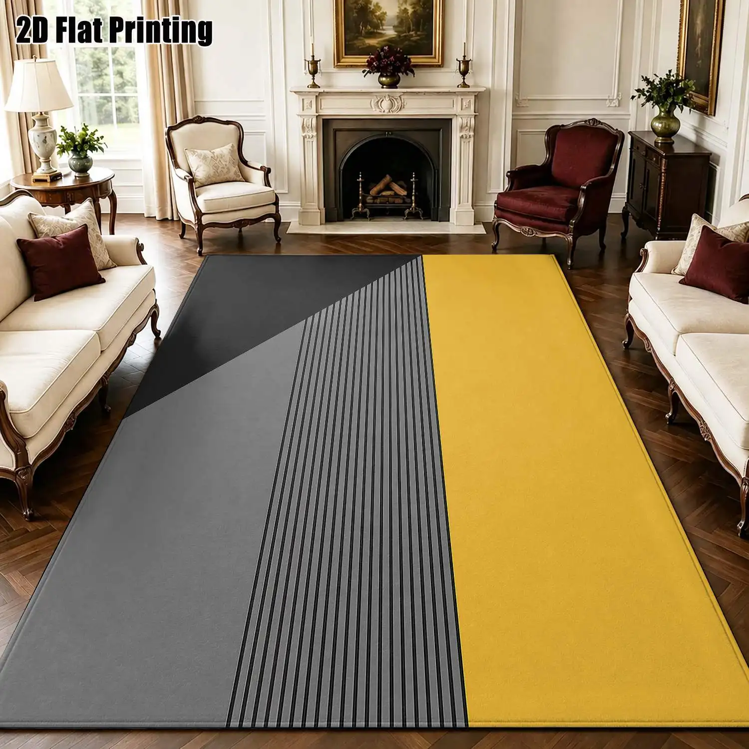 1Pc 2D Printed Black, Yellow & Gray Geometric Striped Carpet: Modern Minimalist, Nordic/Instagram Style, Multi-Size, Machine Washable, Ideal for Home Decor & Various Door Mats, Living/Bedroom/Dining Room Floors