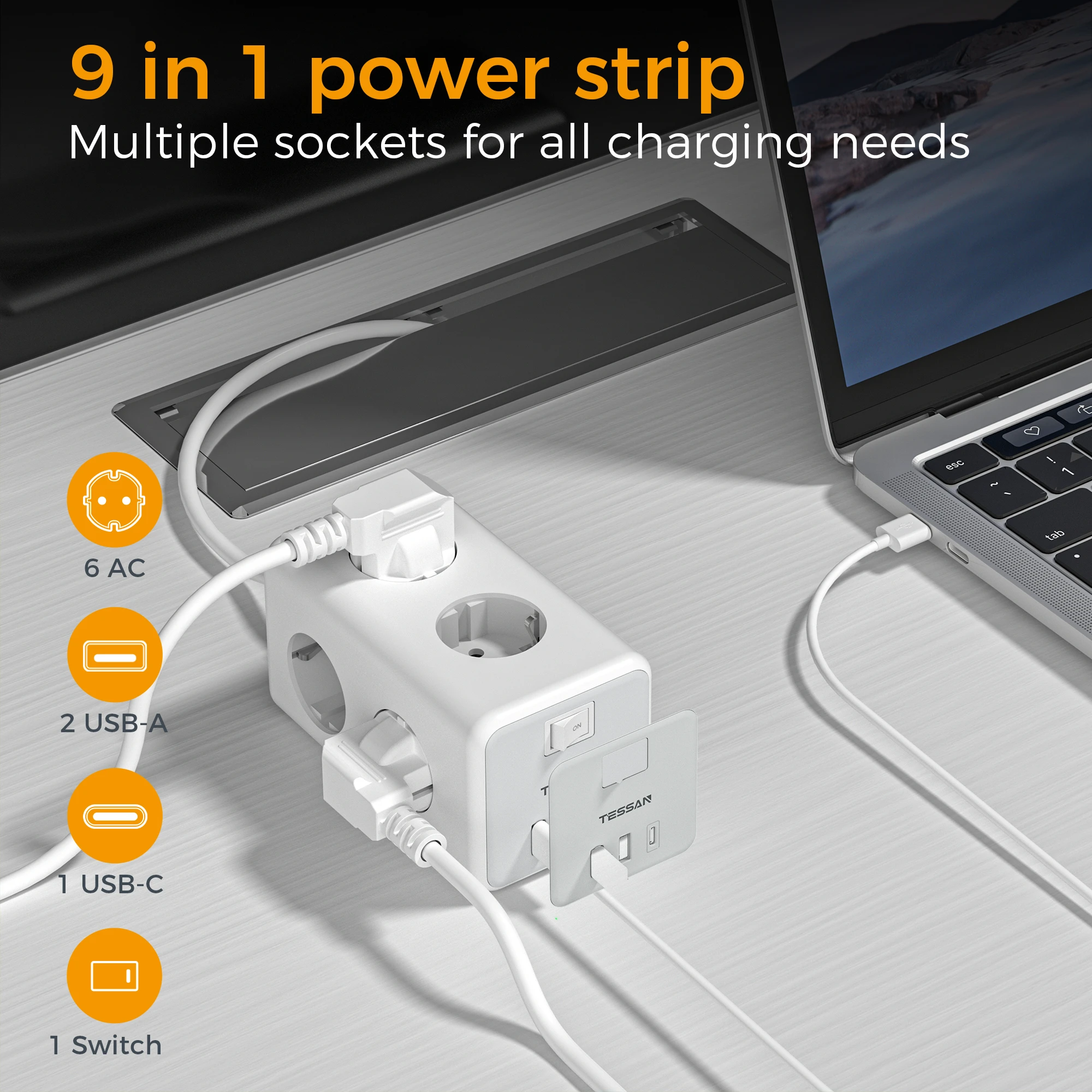 TESSAN EU Plug Power Strip Cube with 6 Outlets 2 USB Ports 1 Type C 2M Extension Cable Europe Multi Socket with Switch for Home