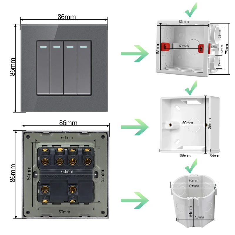 PSSRISE 86 French EU RU UK Wall Switch Socket with DC 5V 2.1A USB Type-c Charger Tempered Glass Panel Light Switch Power Outlet
