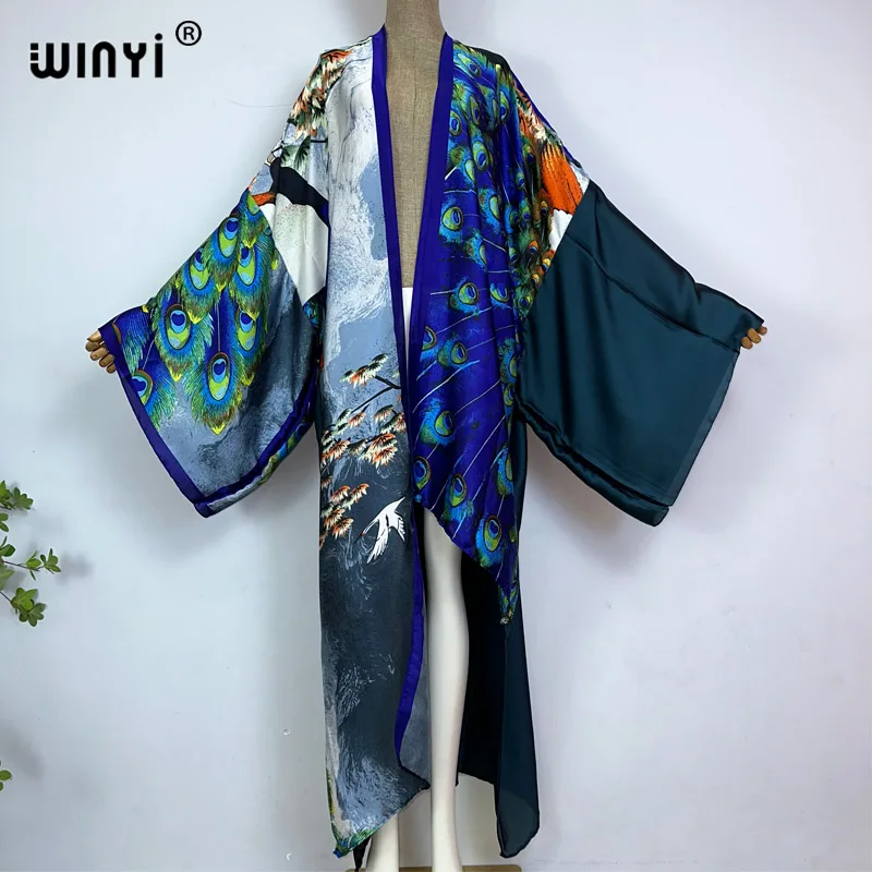 

WINYI Women Bohemian Peacock print irregular coat Elegant Casual dress African Cardigans Outerwear For Women Summer Sexy Kimonos