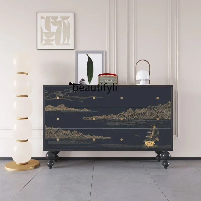 

French medieval solid wood living room dining side cabinet simple modern chest art drawer storage cabinet07