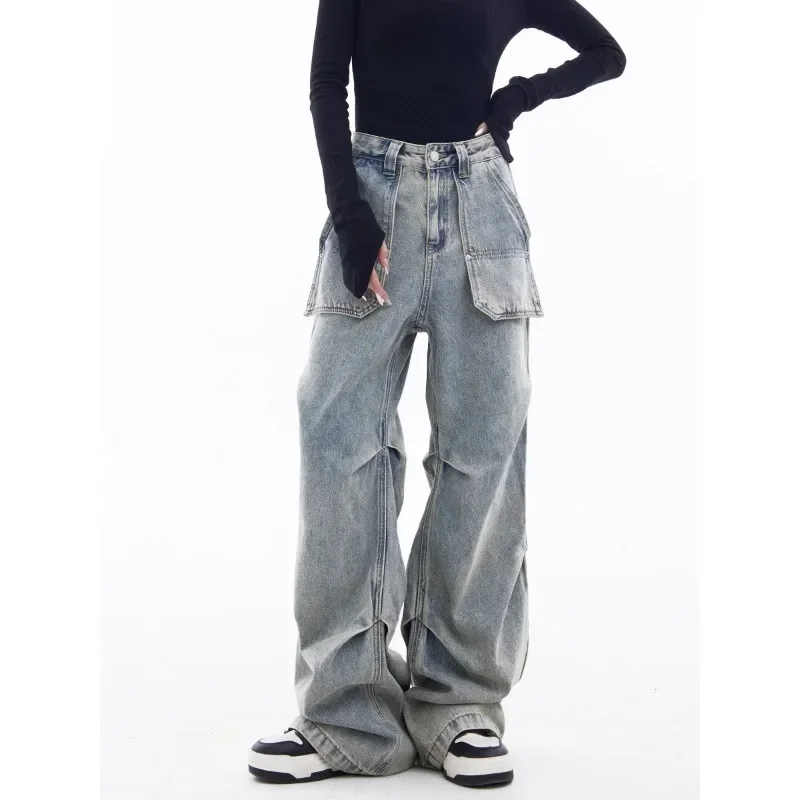 

American Tooling Jeans Women's 2025 New High-waisted Retro Loose Design Wide-leg Pants High Street Pants