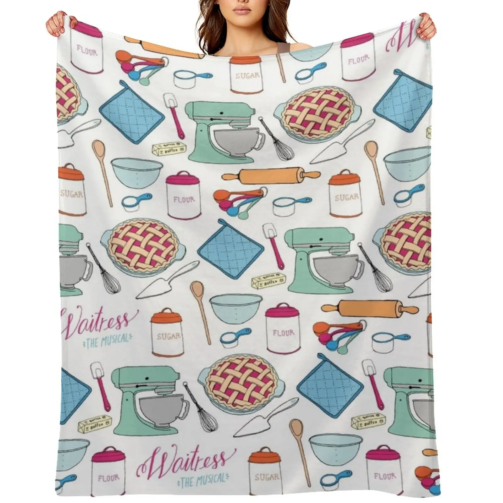 

Waitress the Musical cherry pie print, mixer, sugar, butter, flour - Broadway, West End Throw Blanket Soft Blankets