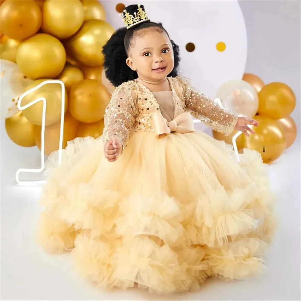 Sparkling Flower Girl Dresses Customized V Neck Long Sleeves Sequin Lace Tulle Ball Gowns Flowergirl Dress Birthday Party Dress