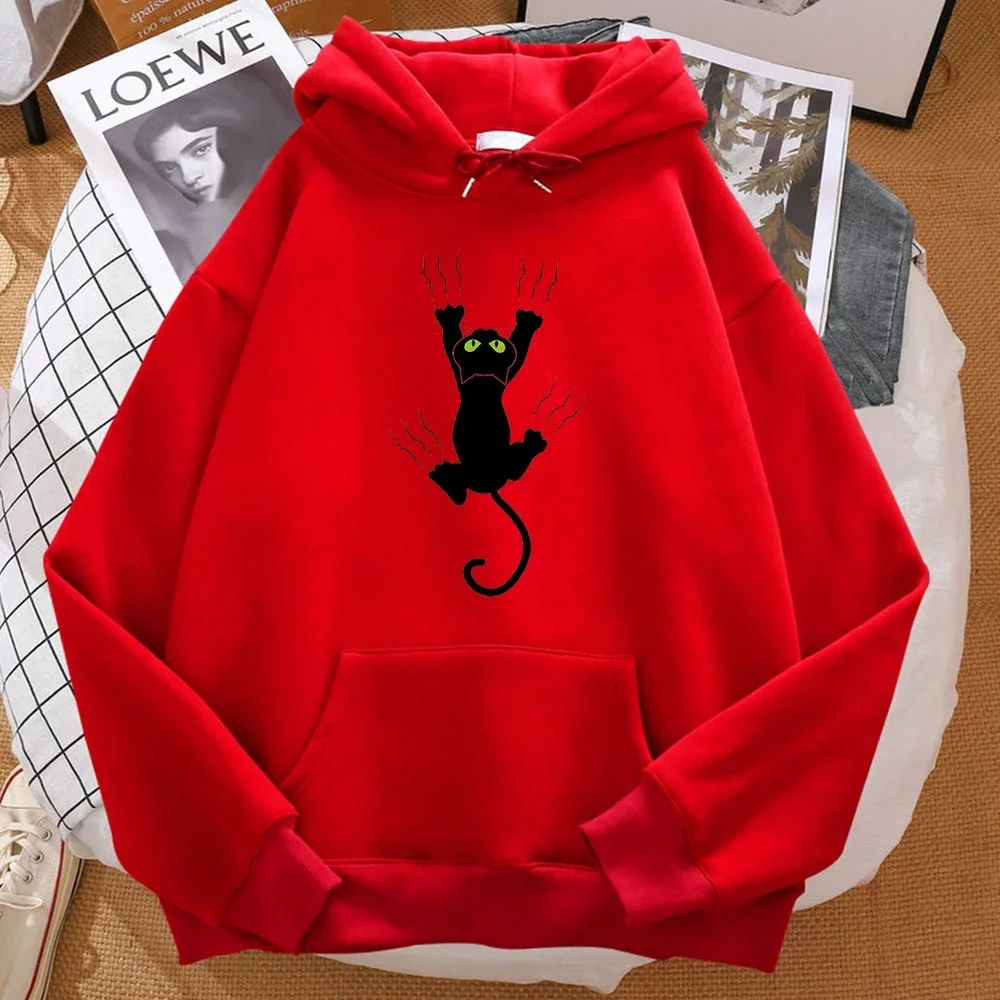 Sudadera con capucha para hombre con estampado de gato negro travieso, cómoda sudadera con capucha de hip-hop de dibujos animados y sudadera Harajuku