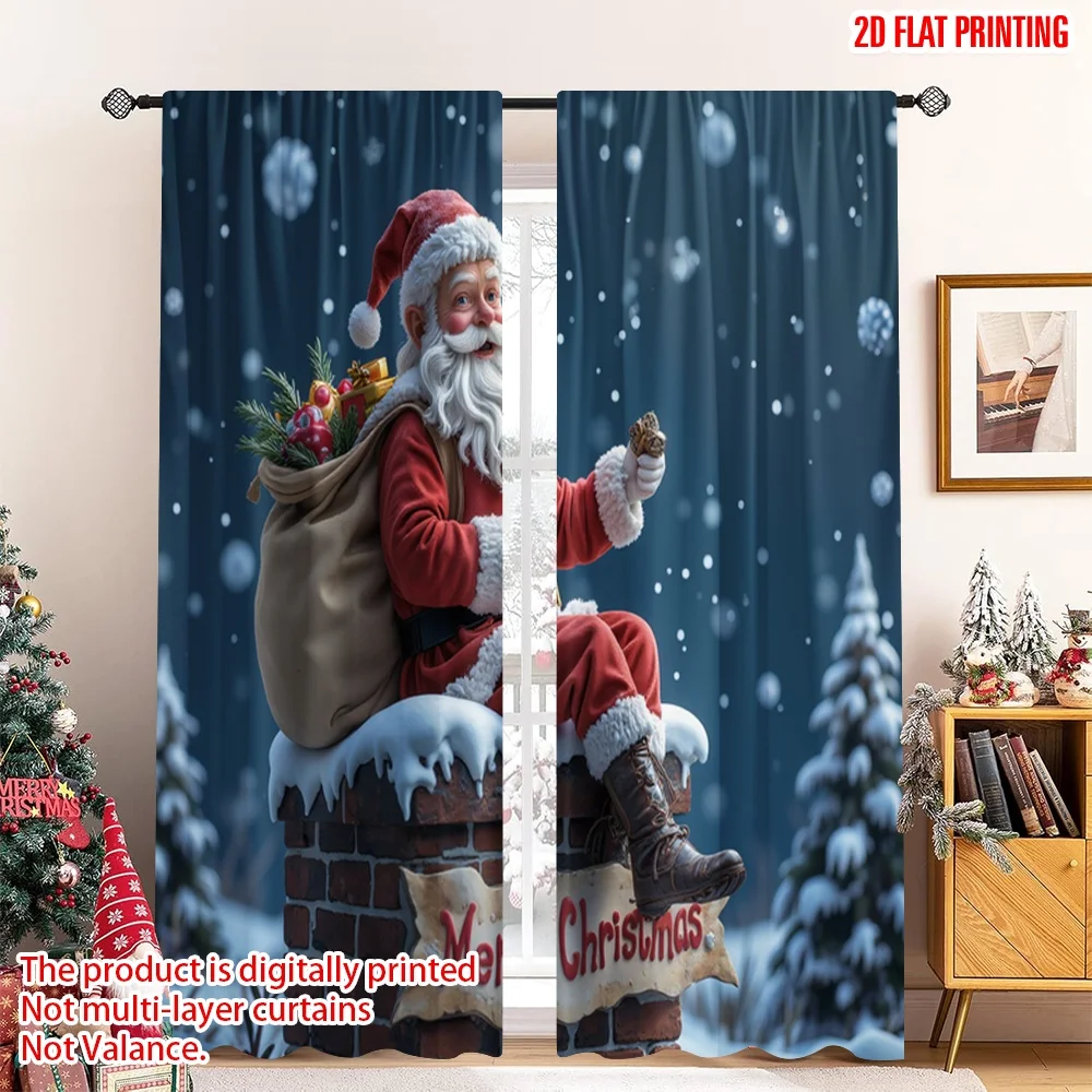 

2pcs 2D flat printing Merry Christmas Scene Curtains Santa Claus Chimney Christmas Snow Polyester Without Electricity Family