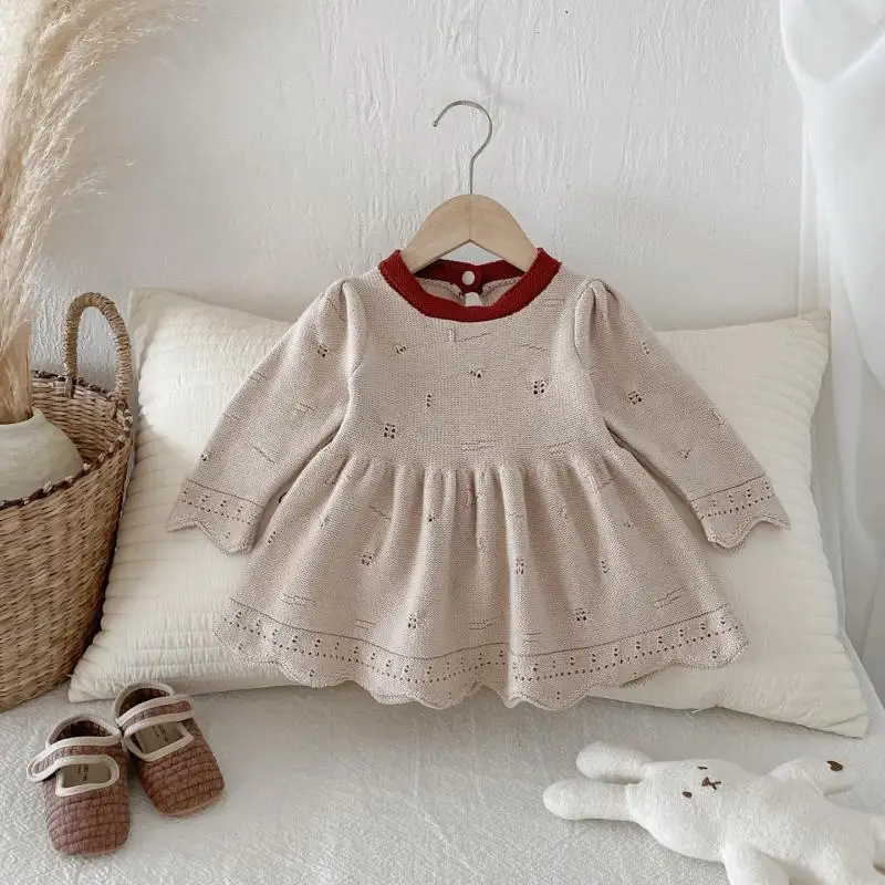 

2025 Autumn New Girls Long Sleeve Sweater Dress Infant Clothes Baby Girl Solid Knitted Dress Cotton Toddler Princess Dress