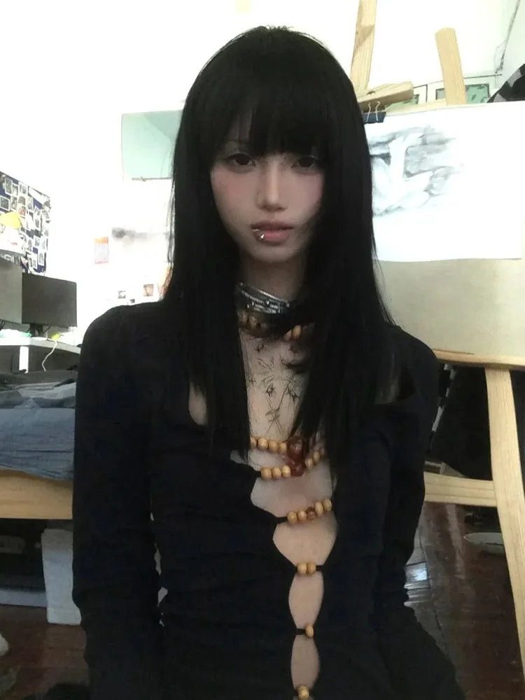 Japanese Y2K Hollow Out Tops Vintage Harajuku Beaded Tee 2000S Aesthetics Long Sleeve Slim T-Shirts American Retro
