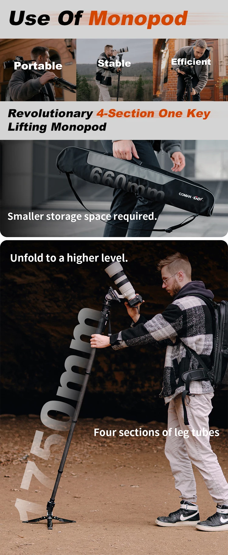 COMAN M1 PRO V5 4-Abschnitte One Click Lifting Carbon Fiber Einbeinstativ mit Schnellverschluss-Fußverschluss für DSLR-Kamera-Reisestativ – Detail 3