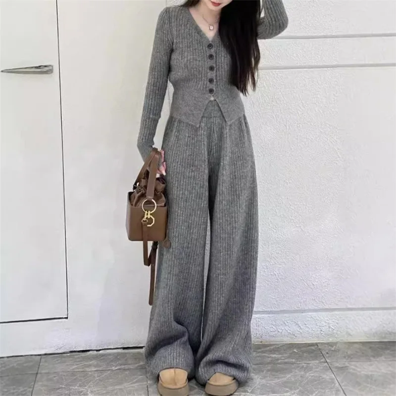 

Women Knitted Pant Sets Solid Matching Sets V Neck Single Breasted Cardigan Elastic Waist Wide Leg Pant Slim 2025 Autumn Winter