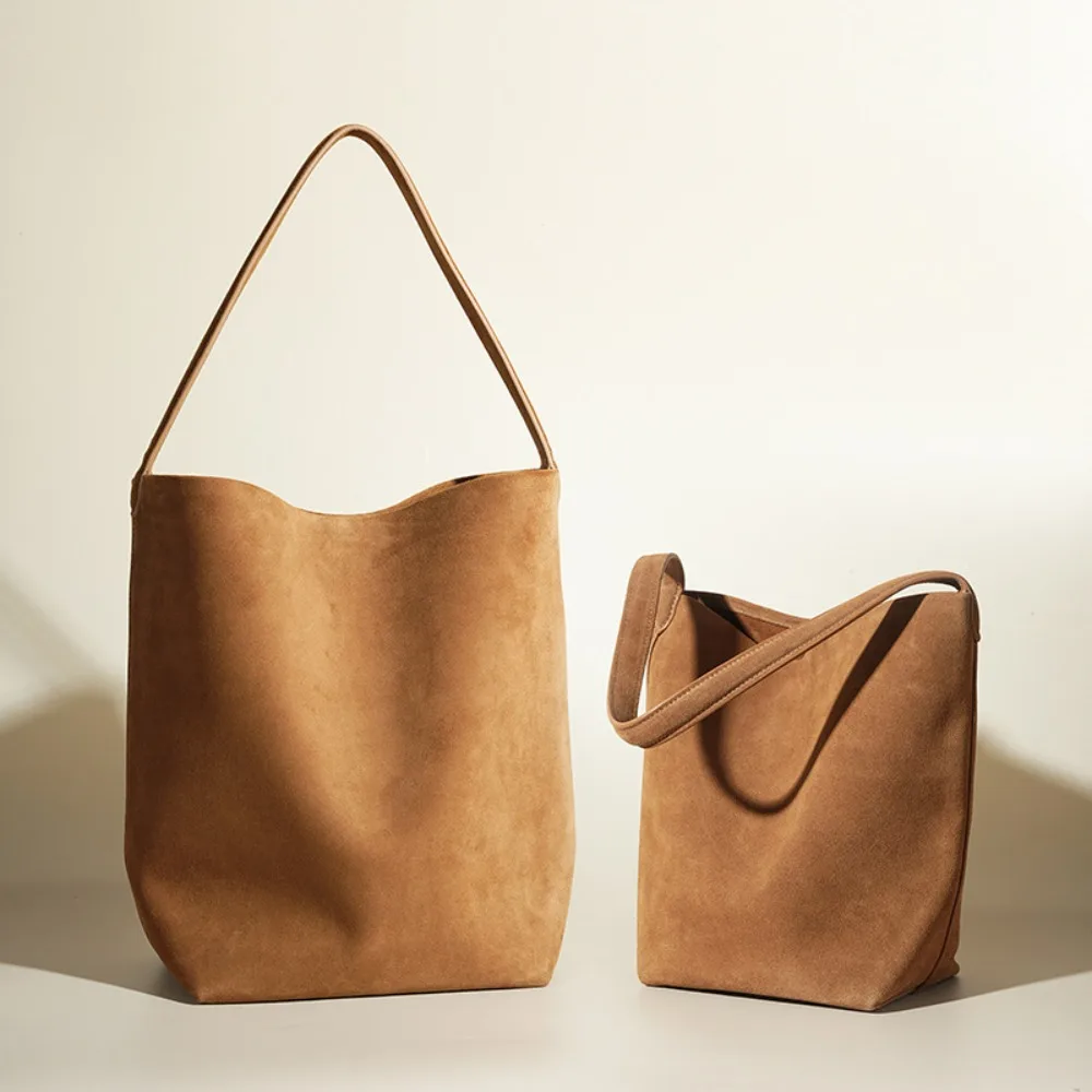 Vintage Suede Premium Commuter Bucket Bag Matte Cowhide Large-capacity Portable Shoulder Tote Texture Unique Fashion Simple