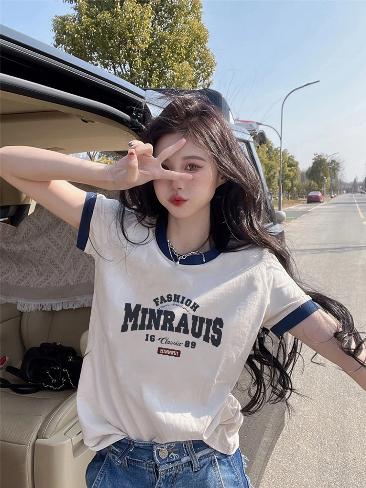 Cseta de Aodão Estilo Americano de Manga Curta para Mulheres Verão Ultra ular Alta Qualidade Sensação INS Tendência S...