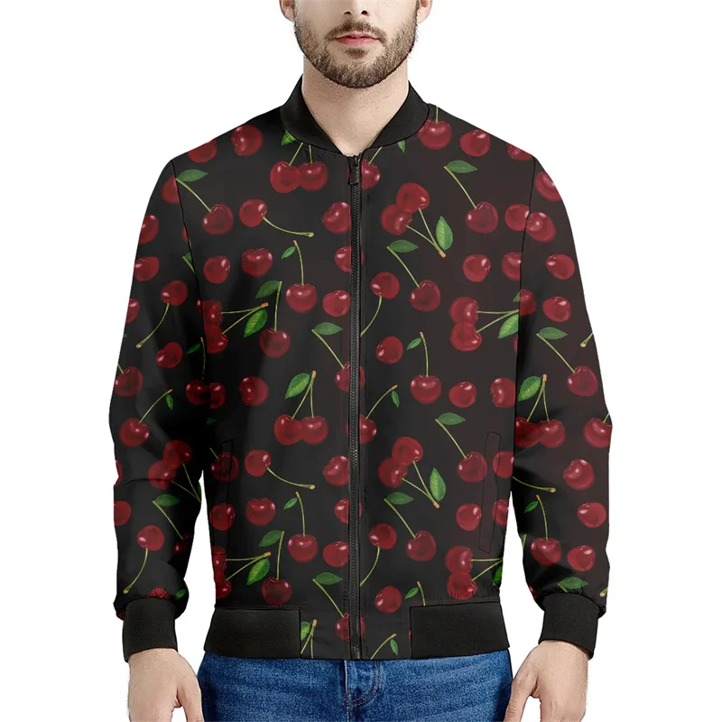 

Cartoon Cherry Fruit Graphic Zipper Jackets Men Fashion 3d Printed Sweatshirt Tops Street Casual Bomber Jacket Long Sleeve Coat