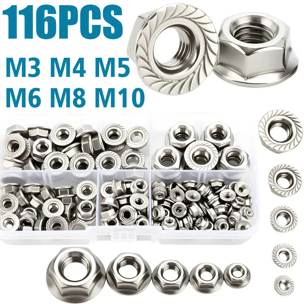 116 Pcs Set 304 Stainless Steel Hexagonal Flange Nuts, Mixed Sizes M3 M4 M5 M6 M8 M10
