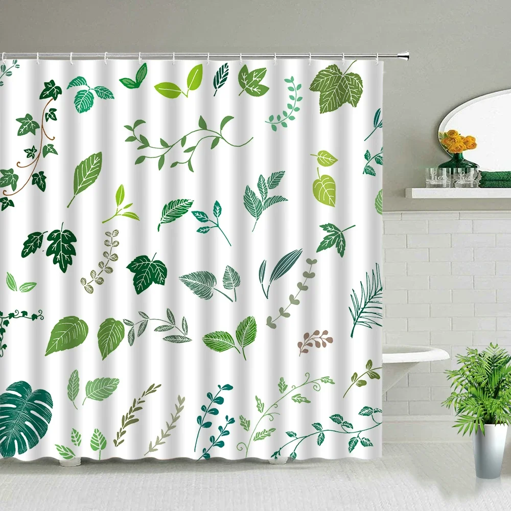 Green Leaves Printing Shower Curtain Tropical Plants Monstera Natural Scenery Bathroom Curtains With Hooks Bathtub Decor Screens