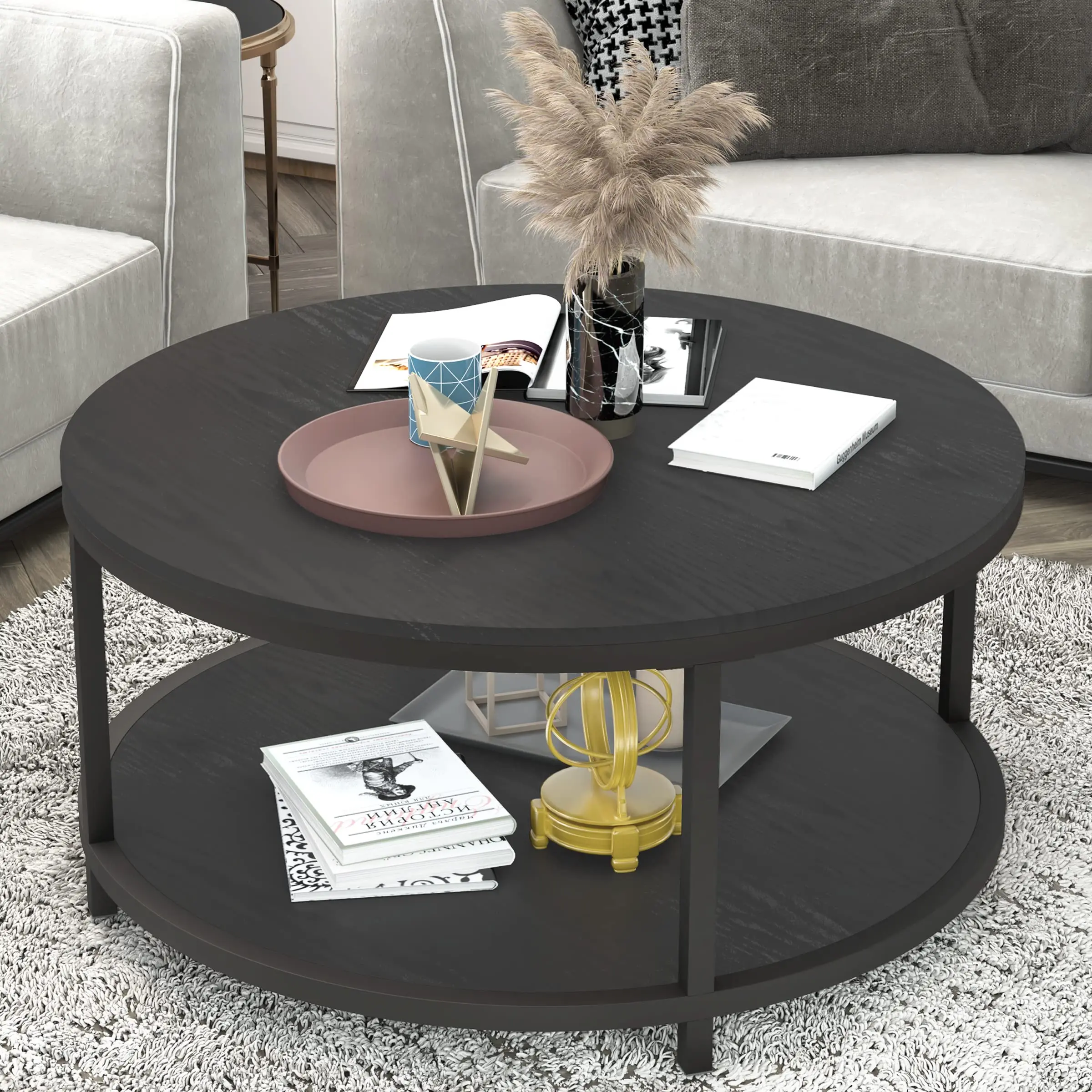 

36 Inch Round Coffee Table,Modern Design Home Furniture Sofa Table for Livingroom,Wooden Coffee Table with Storage Open Shelf