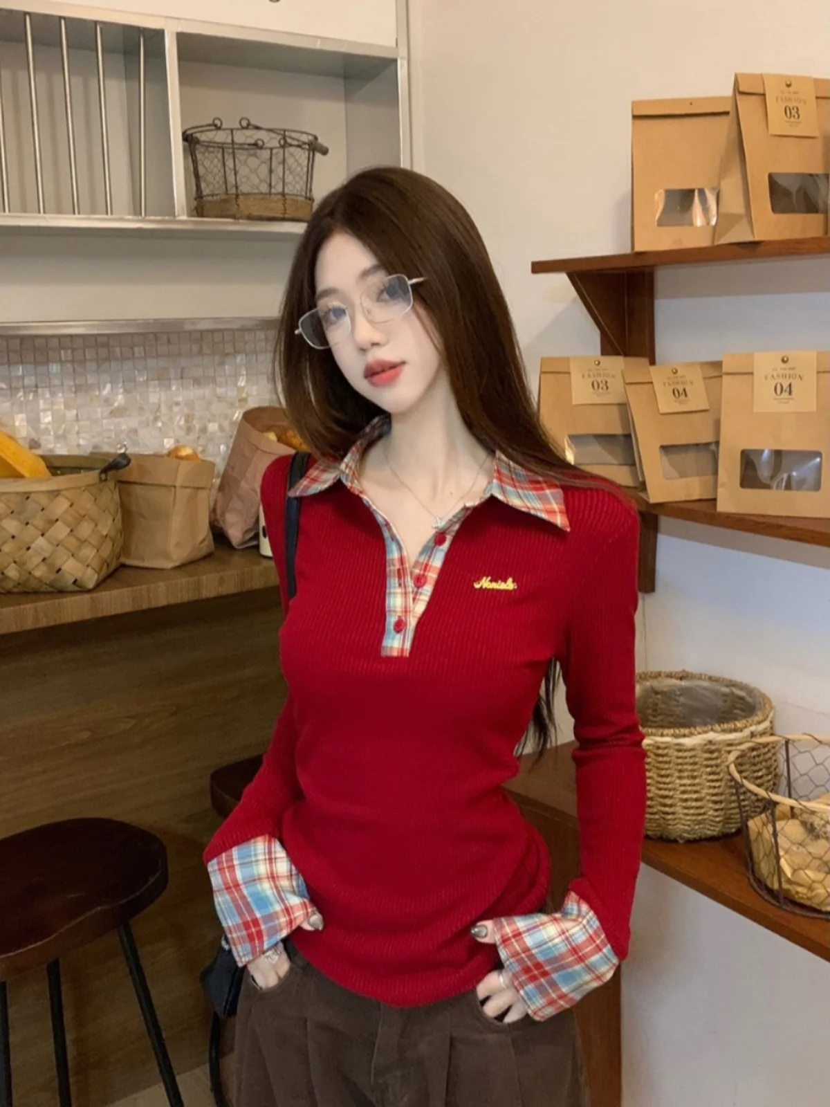 plus Size Knitted Shirt Women's Long Sleeve  Neck Base Shirt Plaid Conceal Meat Slimming Top City Walk Slim Fit Style