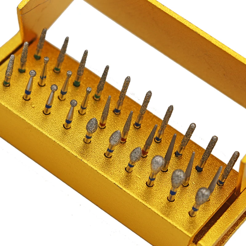 30pcs Dental Diamond Burs Drill Golden Disinfection Block Stand Sterilizer High Speed Handpiece Burs Holder Dental Clinic Supply