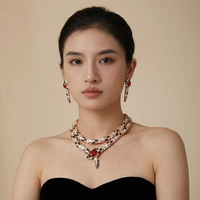 Europe America Style Necklace Earrings Women Lady Inlay Cubic Zircon Synthetic Ruby Enamel Snake Snakelike Choker Jewelry Sets