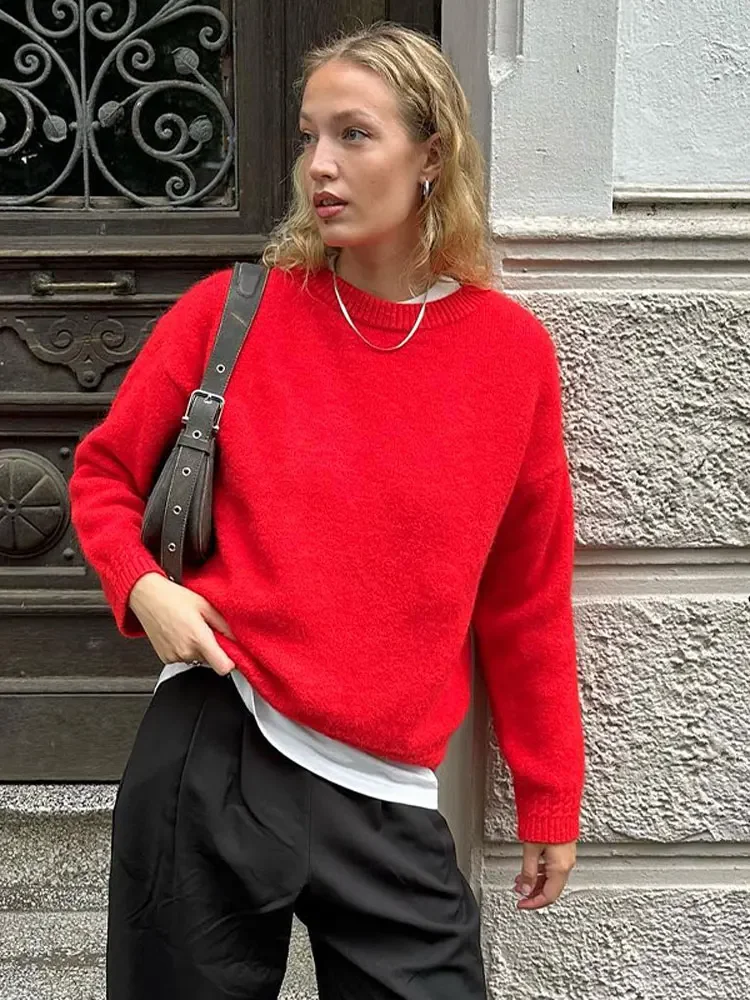 Solid Knit o-collo elegante donna Pullover manica lunga oversize allentato morbido maglione caldo 2023 autunno Chic Casual maglieria da ufficio