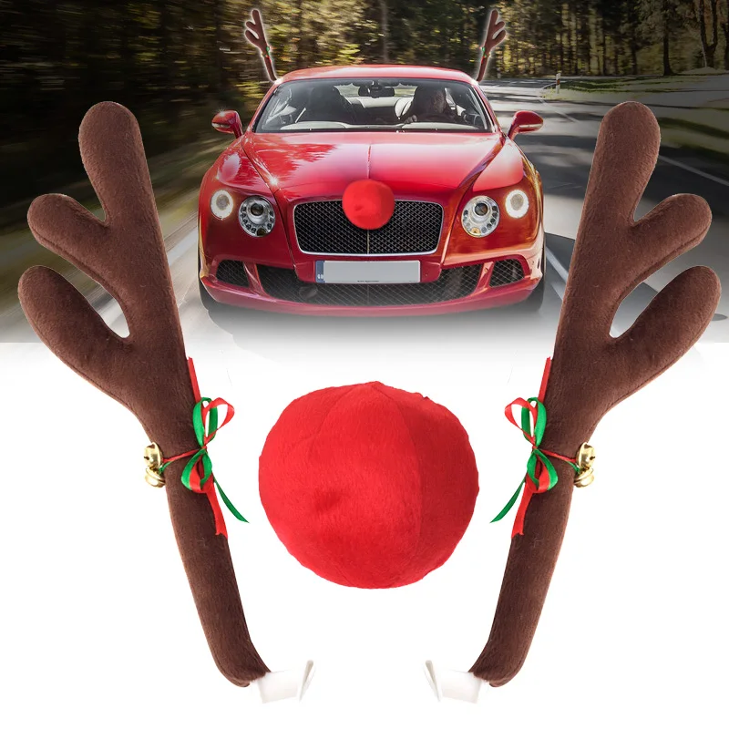 Reindeer Antlers Jingle Bells Costume Rudolph Car Christmas Ornament Decor with Nose Car Styling