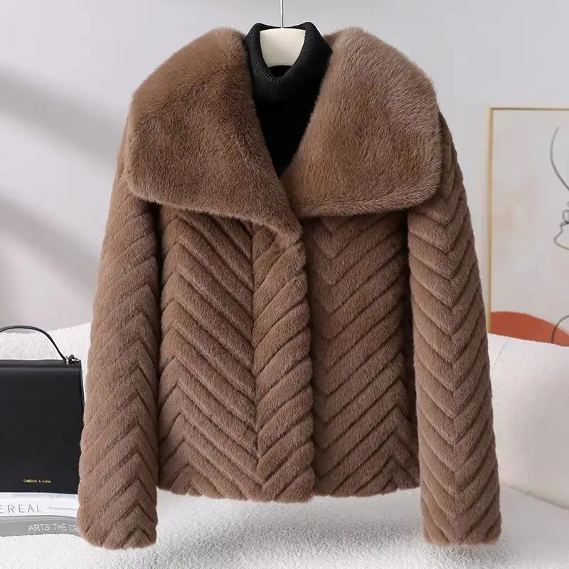 2026 Winter Mink Fur Coat Women's Short Faux Fur Overcoat Turndown Collar Thicken Velvet Jacket Double-faced Fur Loose Outerwear