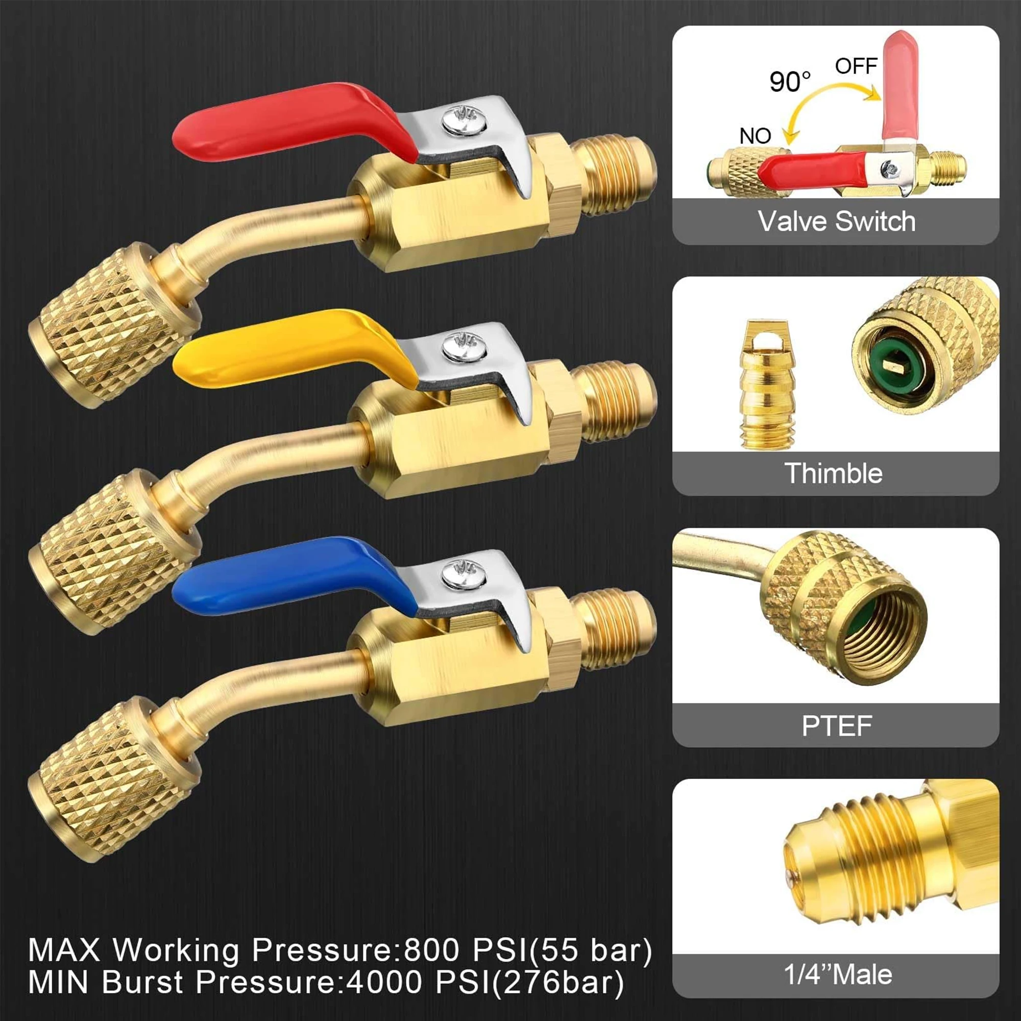 Air Conditioning Refrigerant Compact Ball Valve 1/4 Inch for R410A R134A R12 R22 HVAC Adapter 5/16Inch Female to 1/4Inch