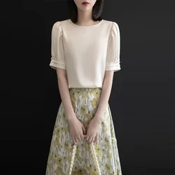 New Spring and Summer Women's Solid O-Neck Short Sleeve Loose Blouse Embroidered Flares Fashion Casual Korean All-match Tops