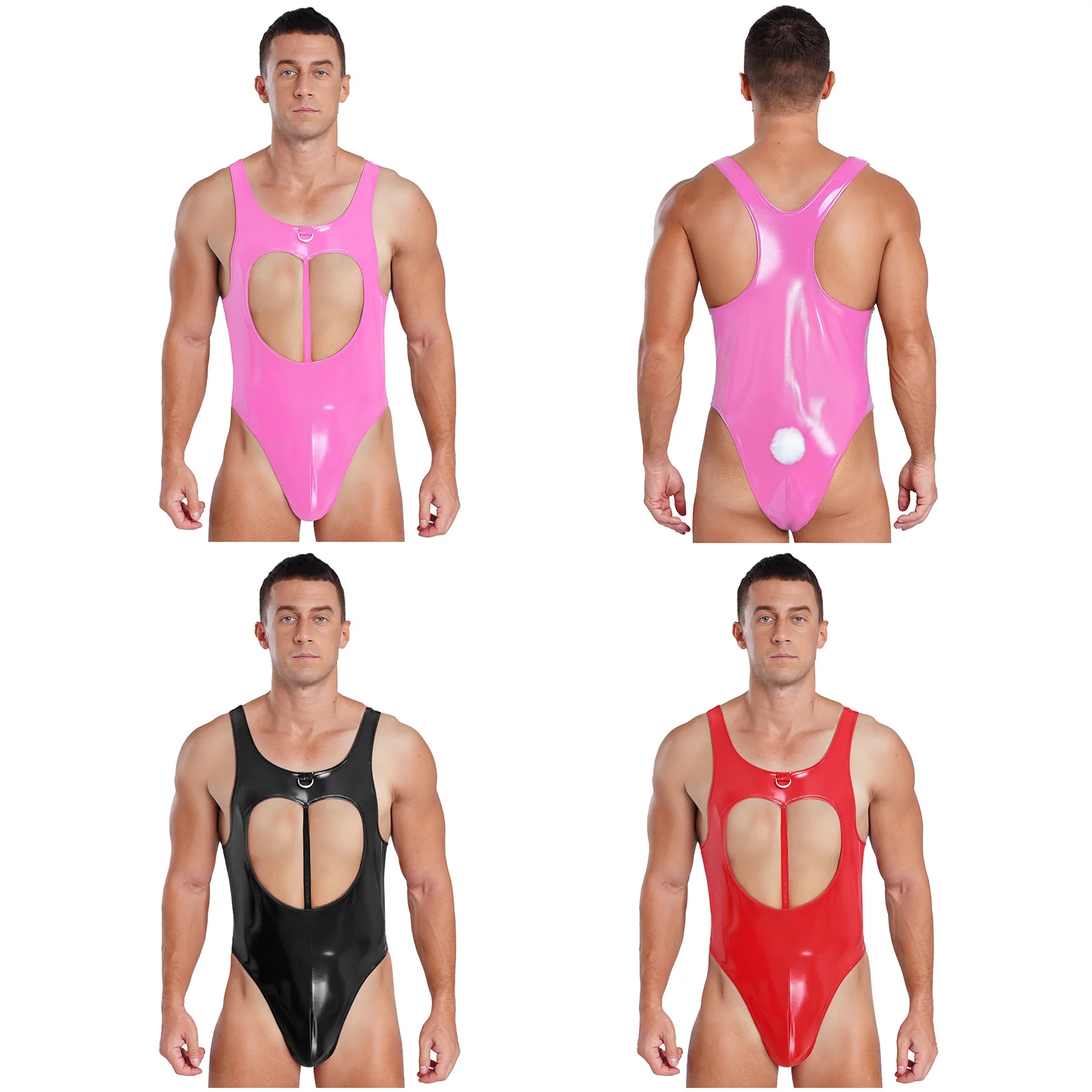 

Mens Sissy Patent Leather Bunny Bodysuit Wet Look Hollow Out Sleeveless High Cut Leotard with Rabbit Tail Drag Queen Costume