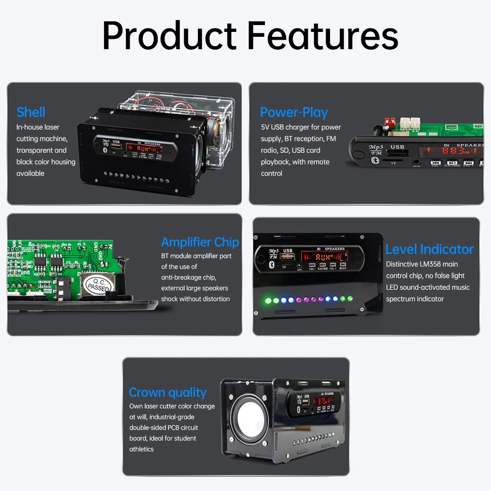 FM Radio DIY Loose Parts Kits BT5.0 Speaker Diy Electronics Kits with Rhythm Light Support USB SD AUX Input Speaker Welding