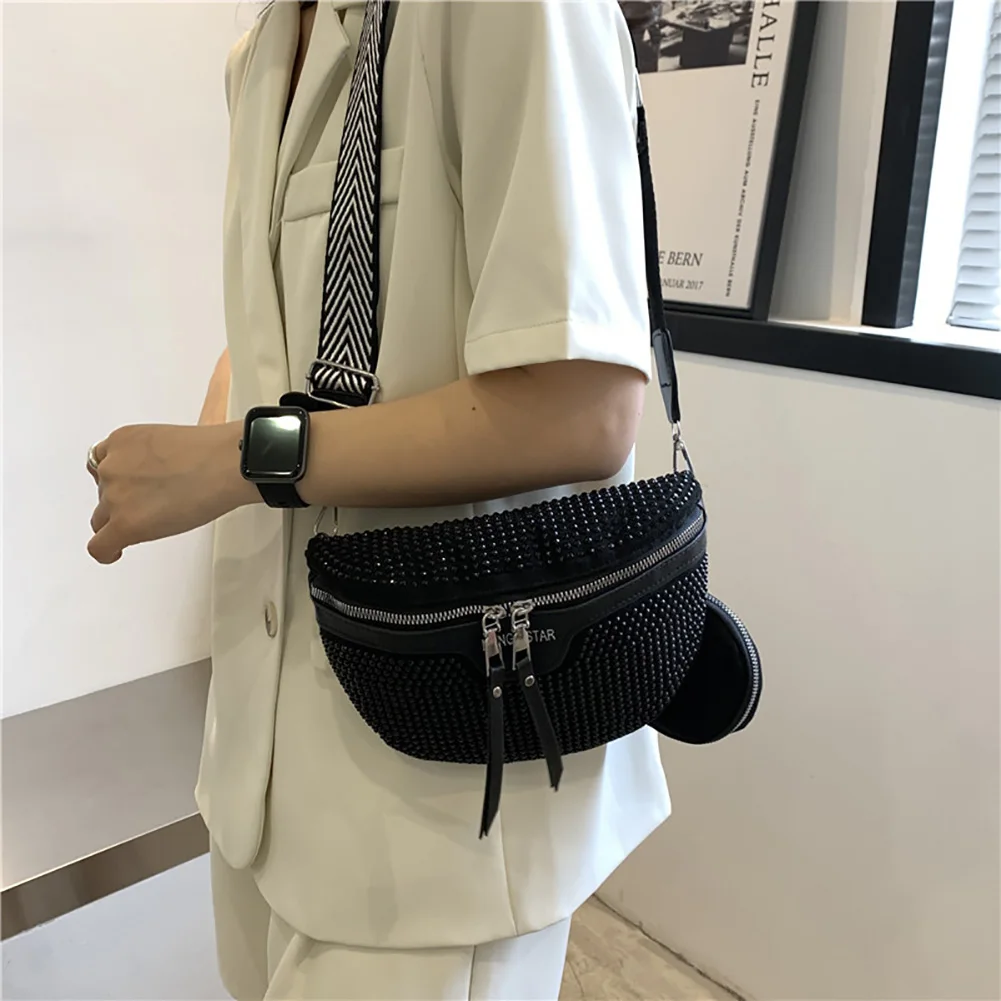 Fashion Rhinestone Waist Belt Bag Women Chest Crossbody Pack PU Bling Fanny Pack for Outdoor Shopping Business