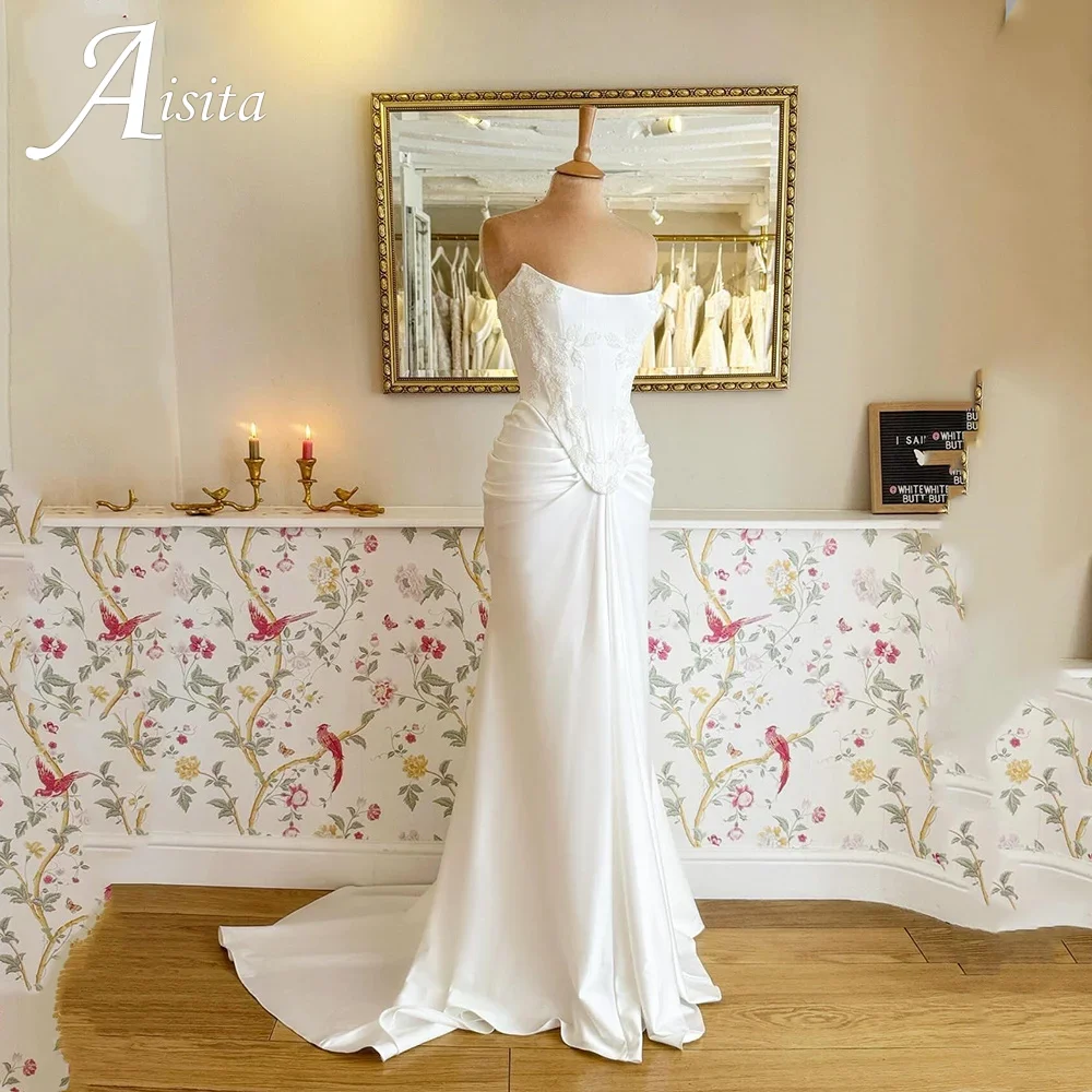 Verngo lvory Crepe Wedding Dress Off Shoulder Mermaid Bridal Gowns Pleat Sweap Train Bride Dress Customized vestido de satén