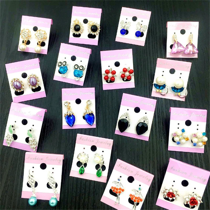 10/20Pairs/Lot Fashion Colorful Rhinestone Stud Earrings For Women Mix Style Flowers Geometry Heart Love Jewelry Party Gifts