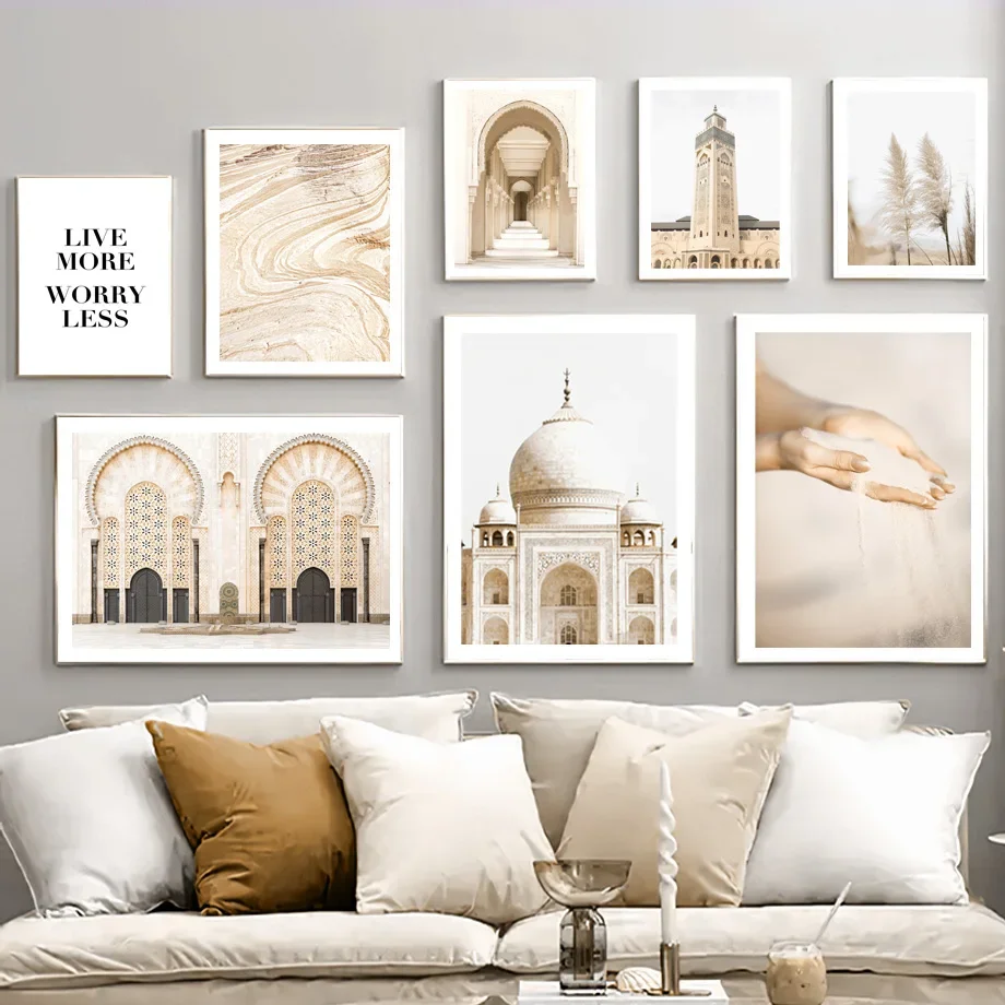 Taj Mahal Mosque Moroccan Arch Reed Islamic Canvas Paintings, Wall Art Posters, Prints Pictures, Living Room, Interior Home Deco