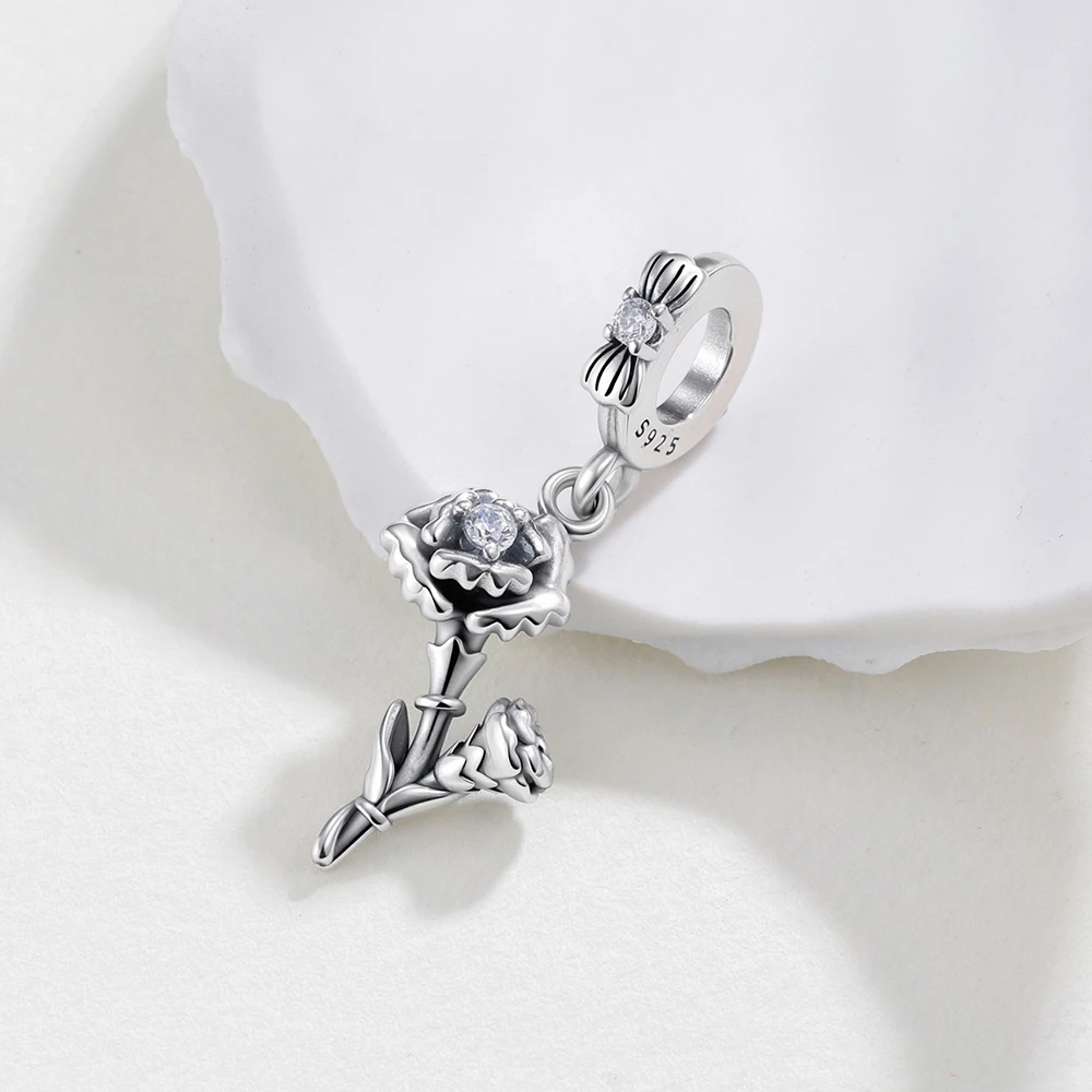 New 925 Sterling Silver Charms Plain Silver Carnation Pendants Beads Fit Original Bracelet Charm DIY Jewelry Gifts For Woman