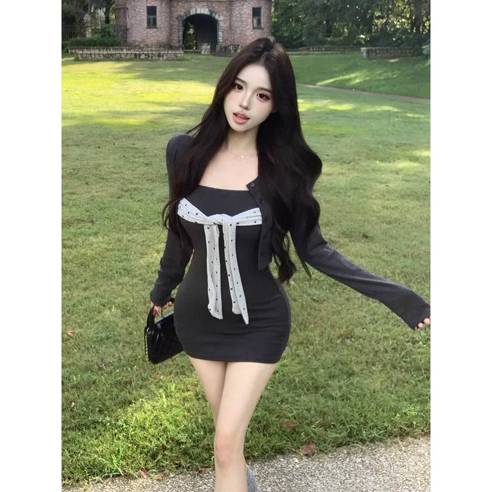 Color blocking polka dot patchwork strap sleeveless strapless dress for women in autumn, design inspired cardigan jacket two-pie