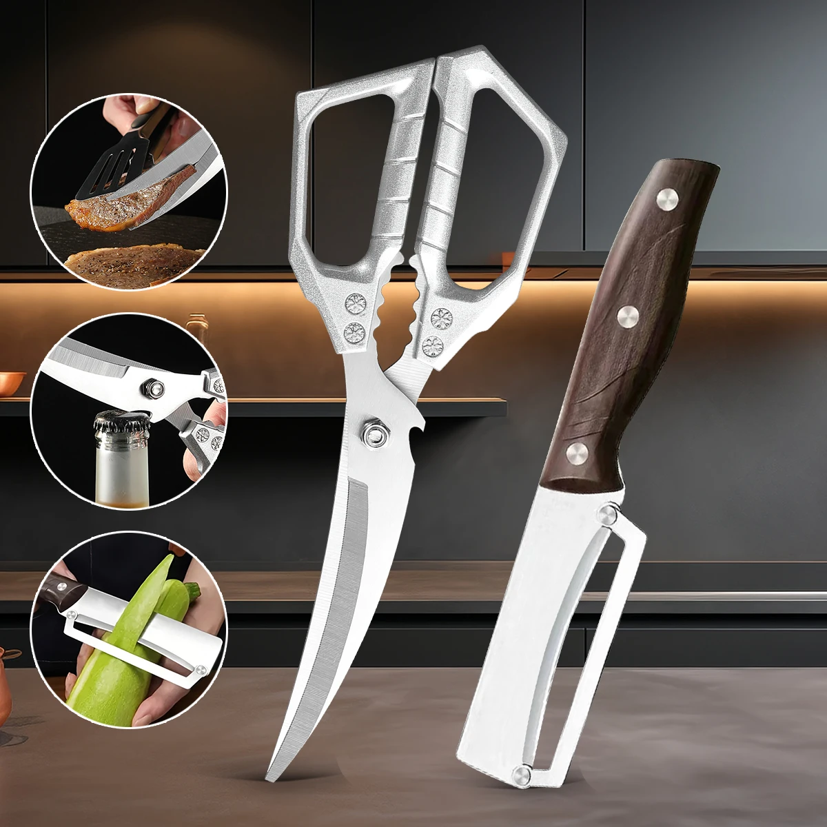 Stainless steel kitchen tools for vegetables and fruits, including meat shearing and peeling tools for vegetables and fruits