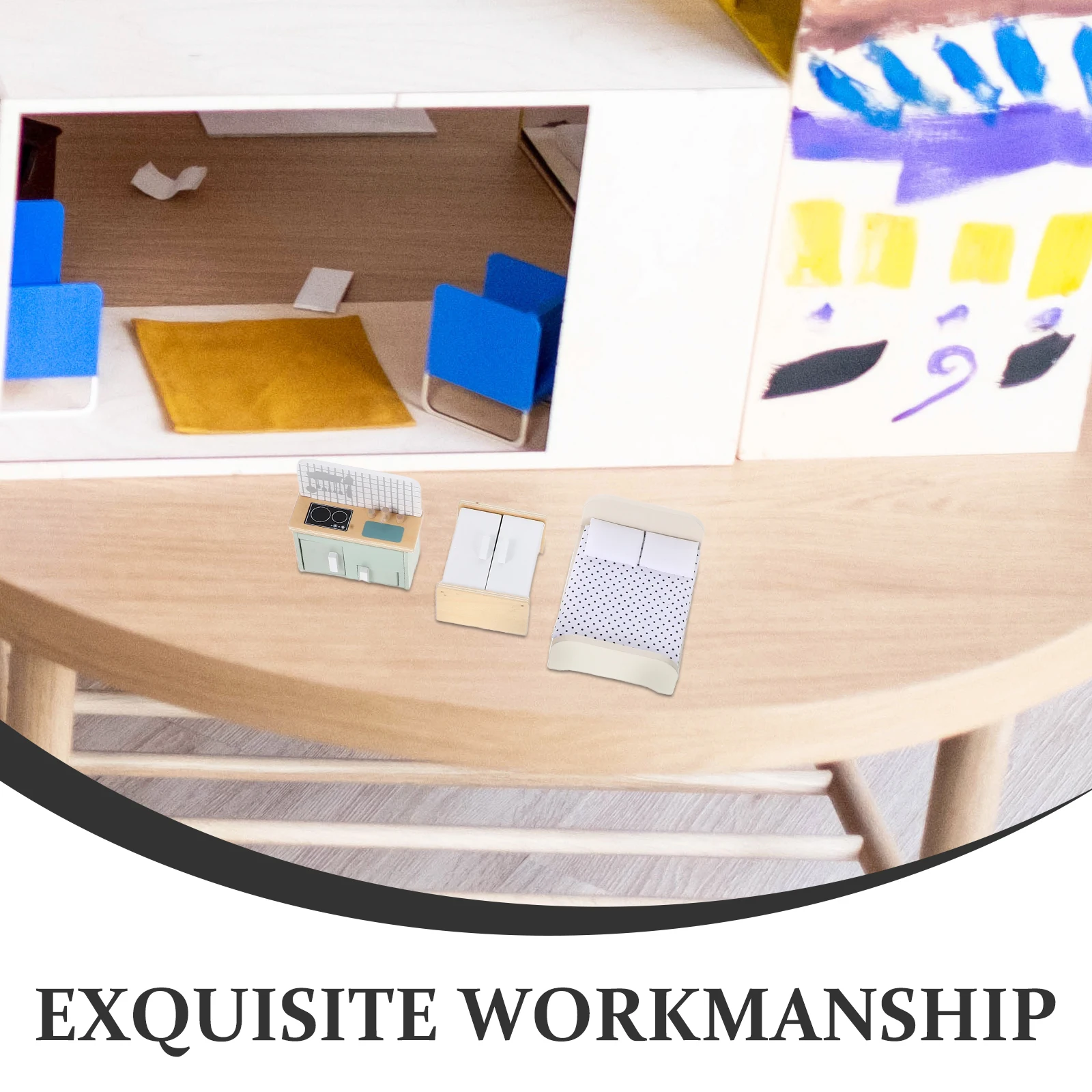 Ensemble de meubles de maison miniatures en bois, cuisine, chambre à coucher, salle de bains, bords arrondis, accessoires de jeu de simulation, cadeau de noël et d'anniversaire