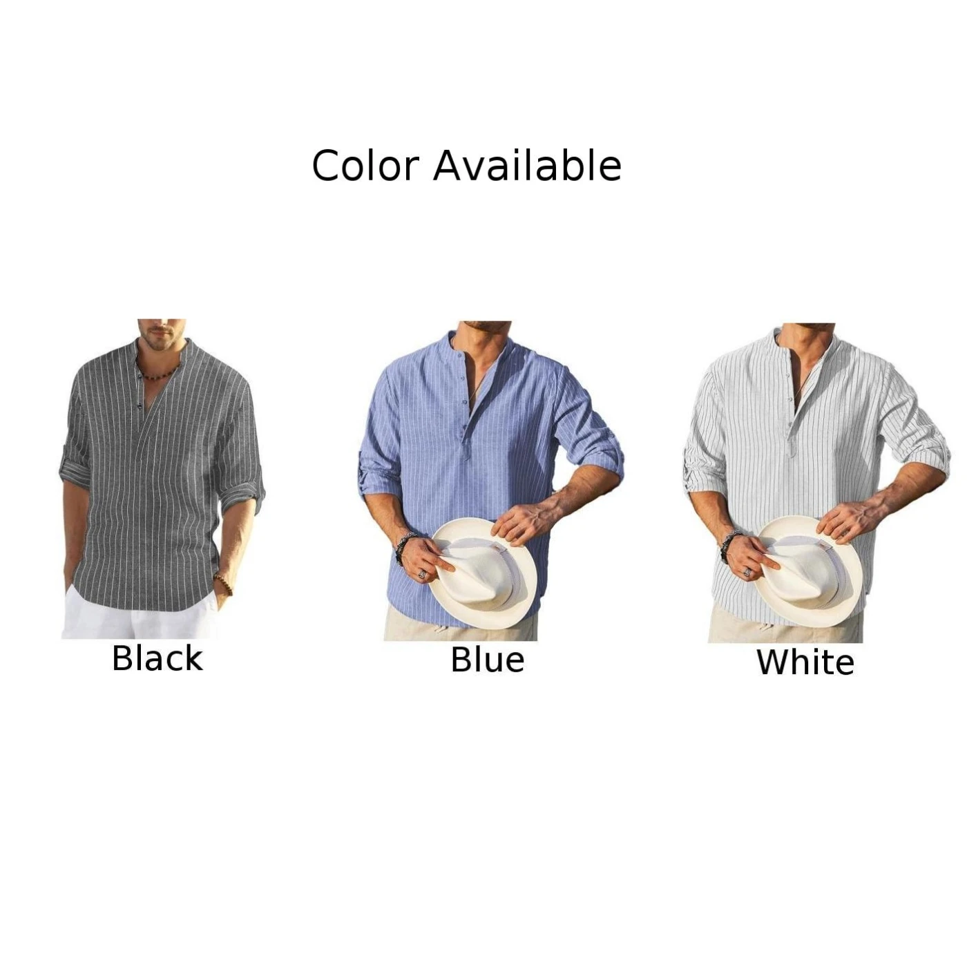 Mens Retro Collarless Grandad Striped Shirts Tops Causal Hippy Button Loose Tee Blouse