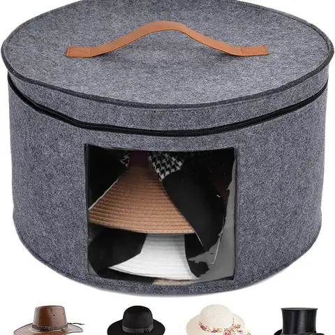 1pc Felt Organizer Bucket Large with Leather Handle Clear Window Zippered Lid Function for Hat Clothes Travel Case Storage Box