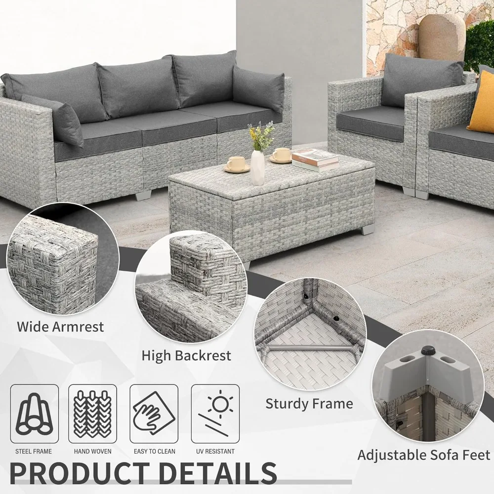 4-Piece Wicker Patio Furniture Set, PE Rattan Sectional Sofa with Storage Table, All-Weather Outdoor Conversation Sets for Deck