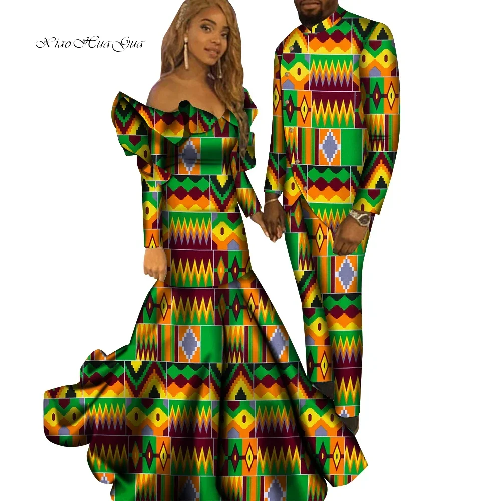 African Couple Clothes Suits Long Maxi Dresses for Women African Men Pants Suits Set Matching Clothing for Party Wedding WYQ748