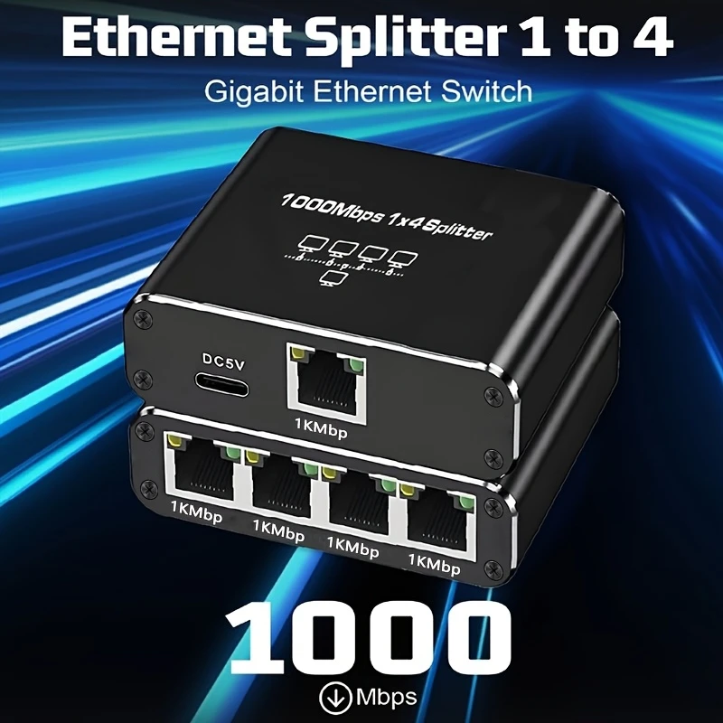 1-to-4 Gigabit Ethernet Splitter with 1000Mbps, Aluminum Housing, Indicator Lights and USB-C Power for Laptop Desktop Home