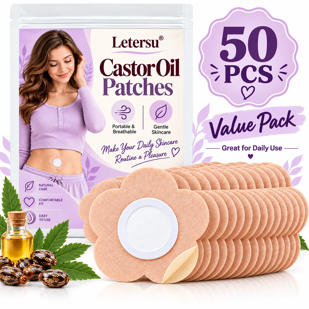 50PCS Castor Oil Patches for Belly, Flower Shape Body Care Pads, Breathable Comfortable Skin Patches for Daily Skincare
