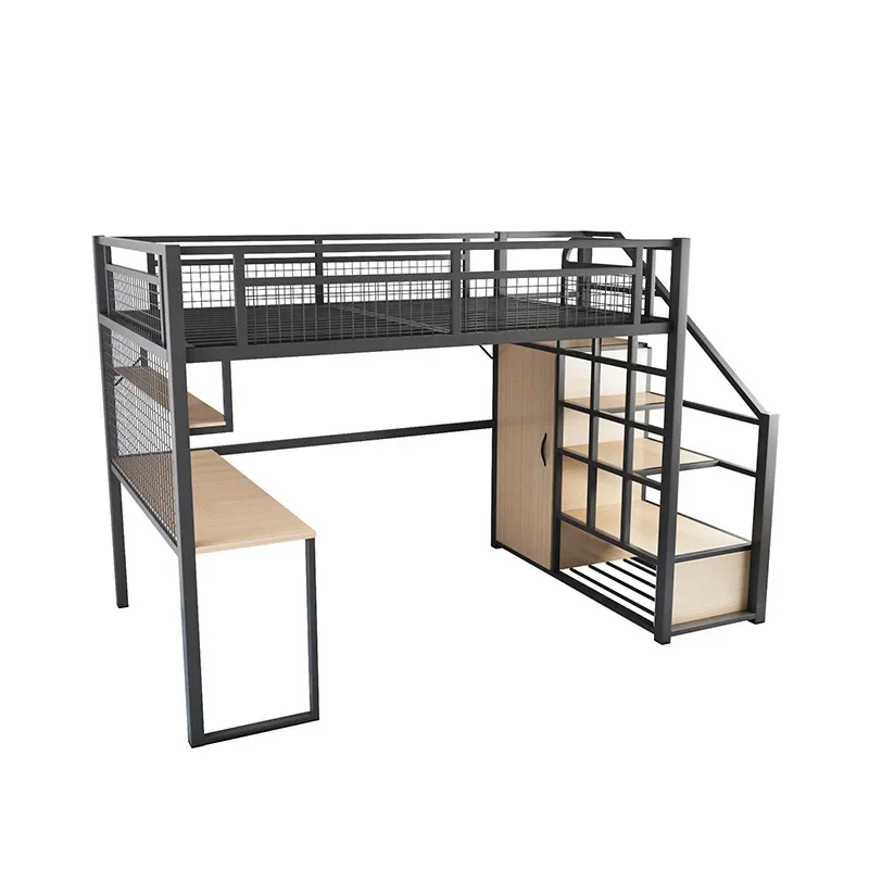 Modern wrought iron elevated bed small apartment bedroom space saving loft bed creative single apartment bed under the table
