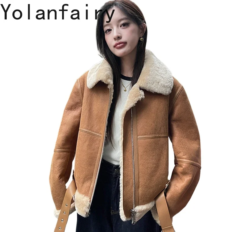 

YOLANFAIRY Женская зимняя теплая куртка из натуральной кожи с мехом, короткое пальто из овчины, верхняя одежда
