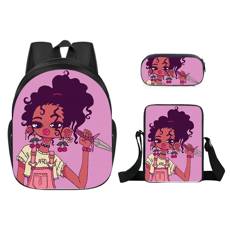 

3pcs/Set Classic Cute African Girl Backpack 3D Print School Student Bookbag Anime Laptop Daypack Lunch Bag Pencil Case Gifts