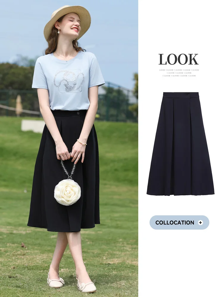 ICH GLAUBE SIE Kurzarm T-shirt frauen Perlen Stickerei Oansatz Top 2025, Sommer Neue Casual Blau T Weibliche Kleidung 2252016037