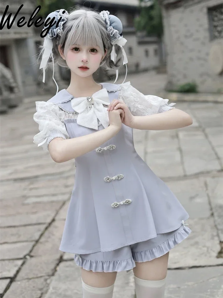 Jirai Kei Bow Dress Suit Mine Series Mass-Produced Summer Short Sleeve Petal Collar Dresses Chinese Style Sweet Shorts 2 Pcs Set